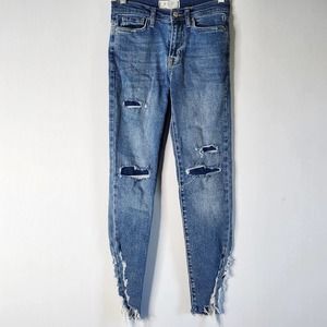 Free People We The Free Light Wash Destroyed Jeans Size 24 Ankle Stretch Raw Hem
